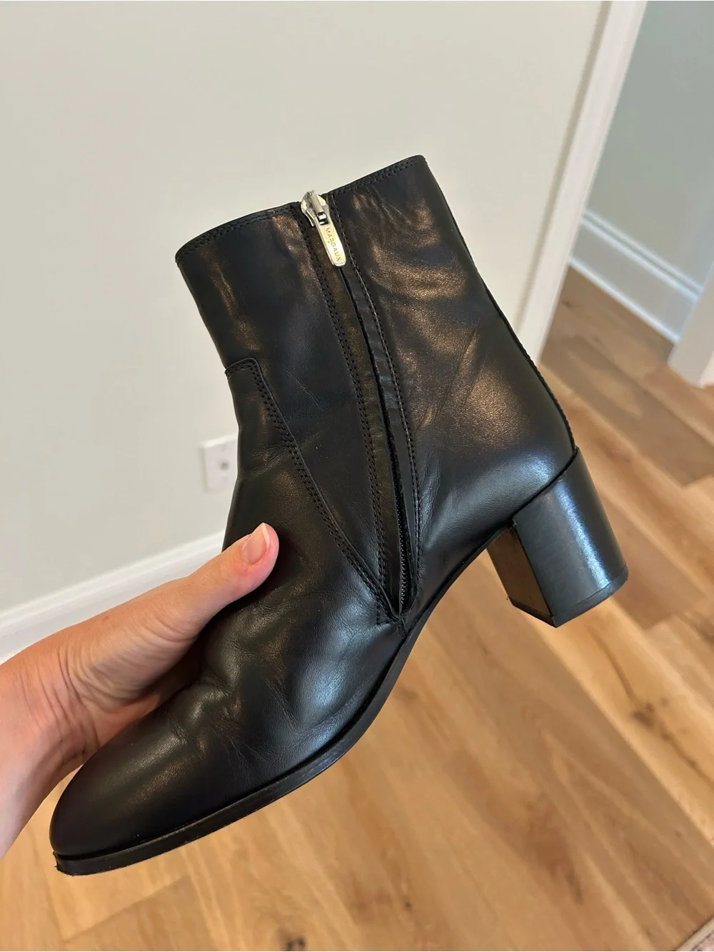 Margaux Black Leather Mid-Heel Ankle Booties